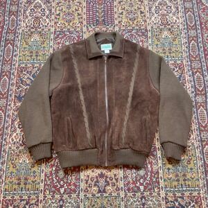 VTG 70s 80s Outdoor Exchange‎ Brown Suede Leather Knit Bomber Jacket XL striped